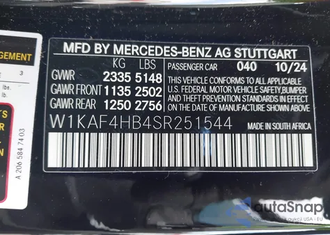 2025 Mercedes-Benz C 300 из США, поврежденный, VIN W1KAF4HB4SR251544